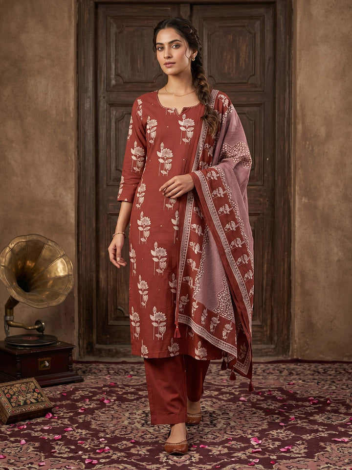 Maroon Cotton Blend Printed Straight Suit Set