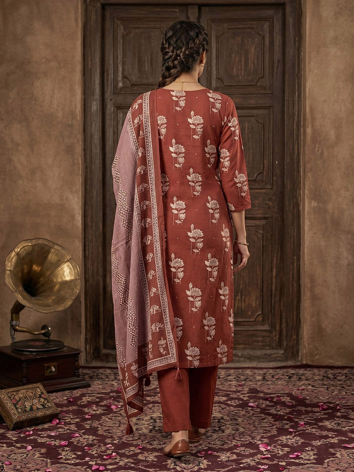 Maroon Cotton Blend Printed Straight Suit Set
