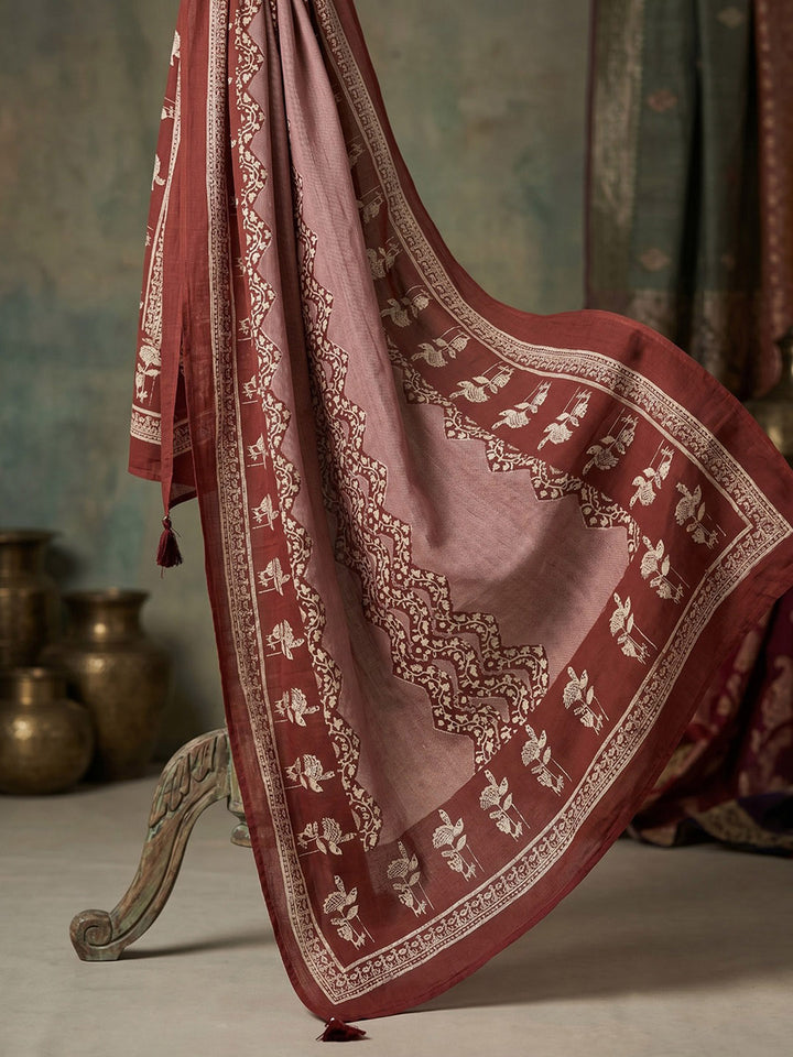 Maroon Cotton Blend Printed Straight Suit Set
