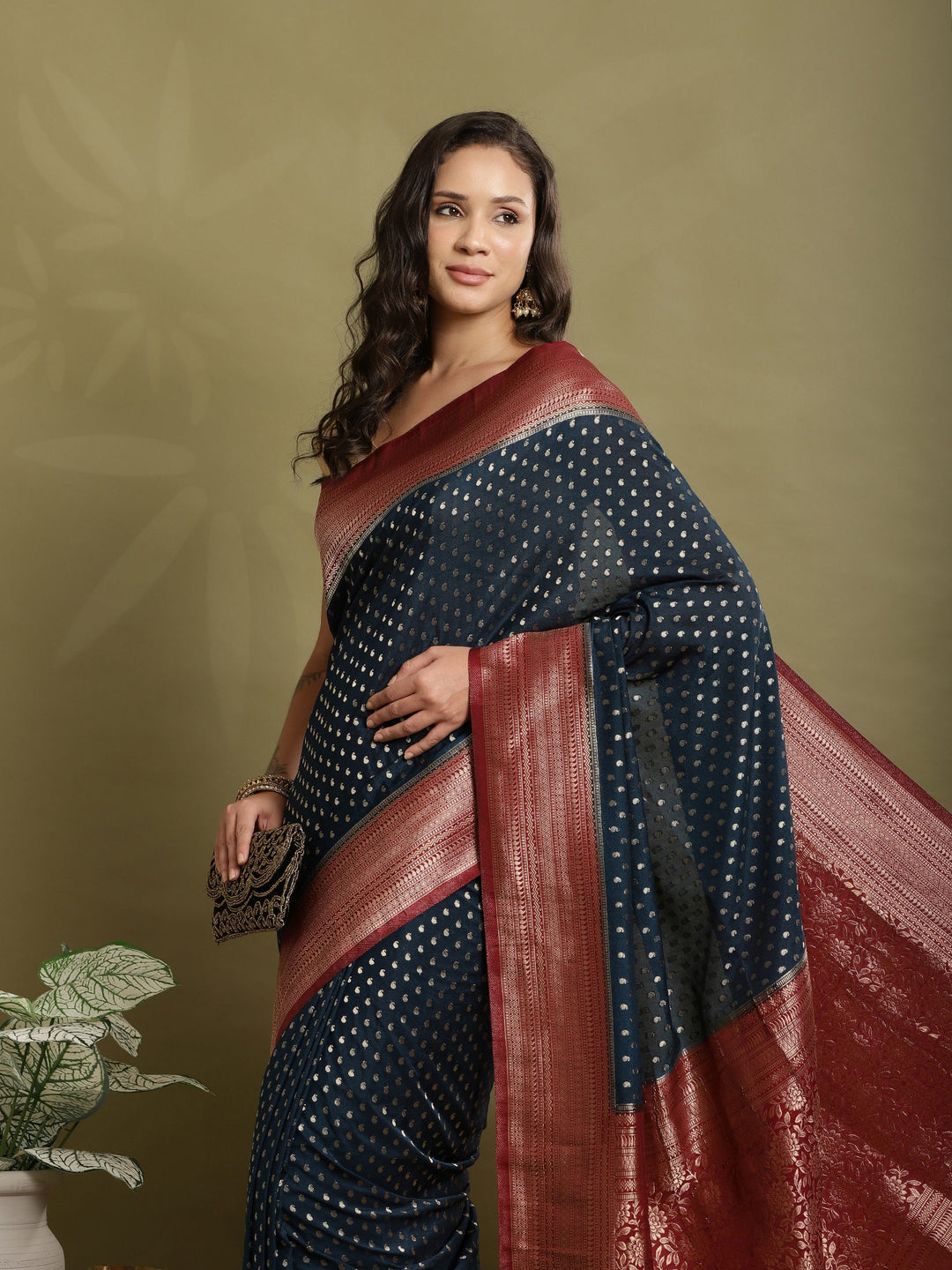 Polka Dot Woven Booti Crepe Saree