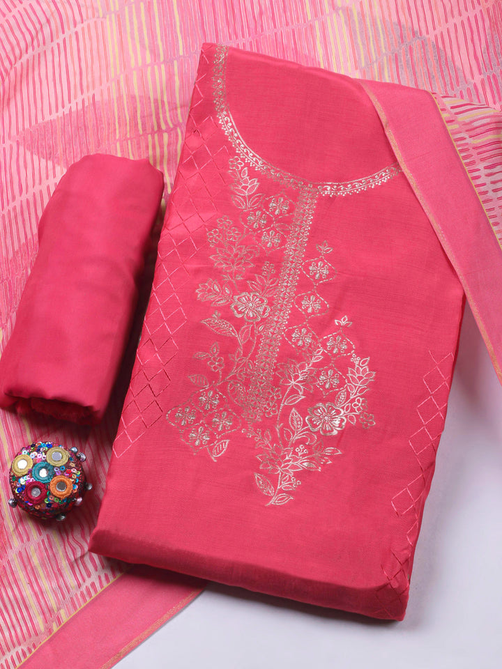 Peach Pink Woven Art Silk Unstitched Dress Material