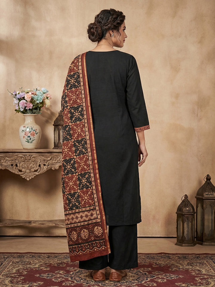 Black Cotton Blend Embroidered Straight Suit Set