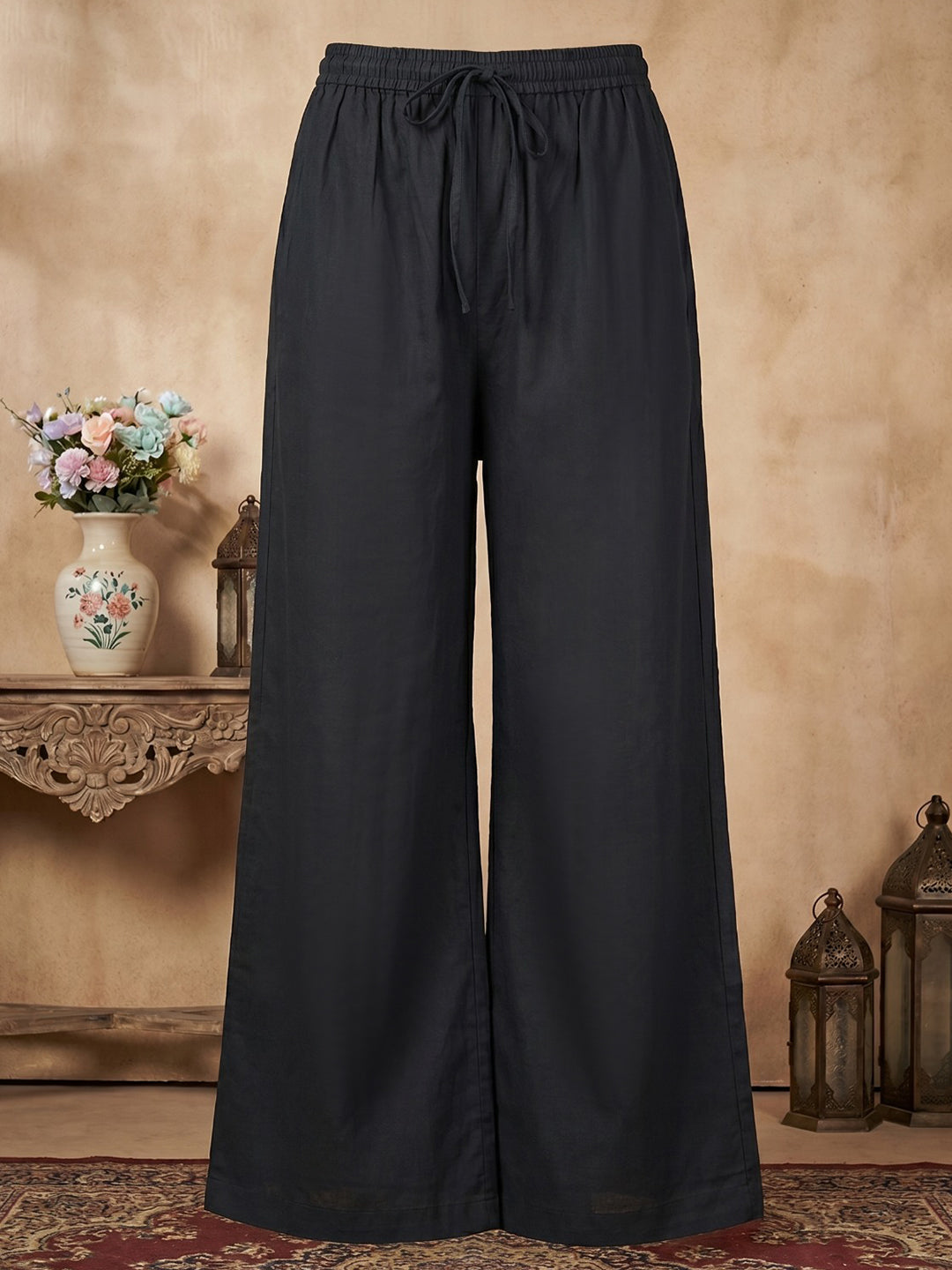 Black Cotton Blend Embroidered Straight Suit Set