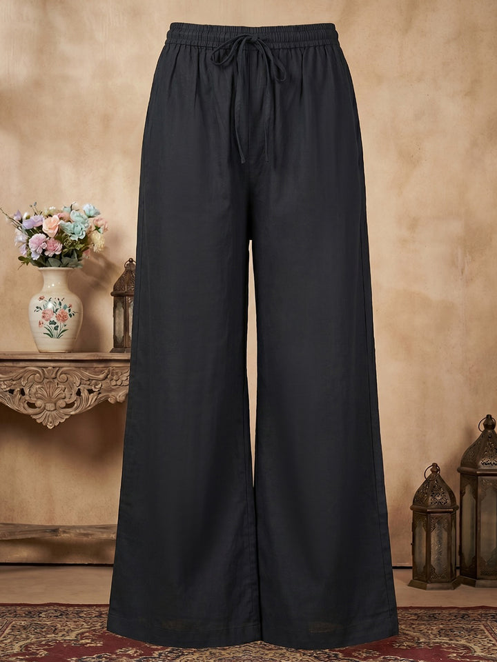 Black Cotton Blend Embroidered Straight Suit Set