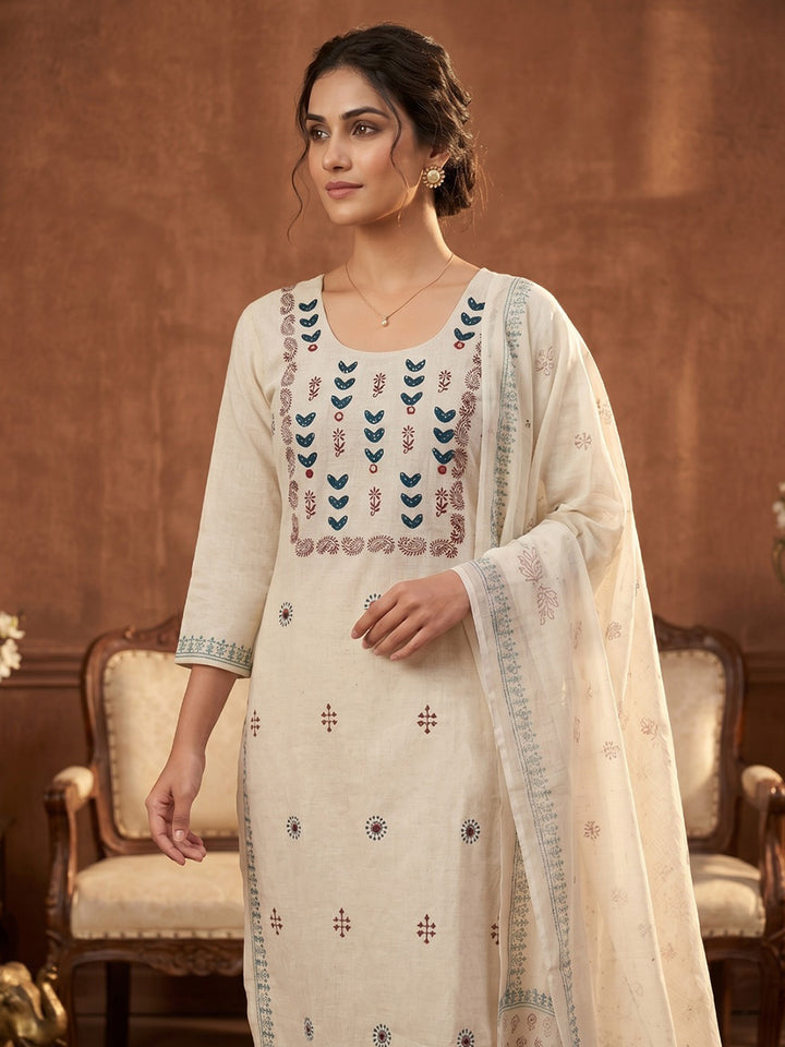 Cream Blue Cotton Blend Embroidered Straight Suit Set