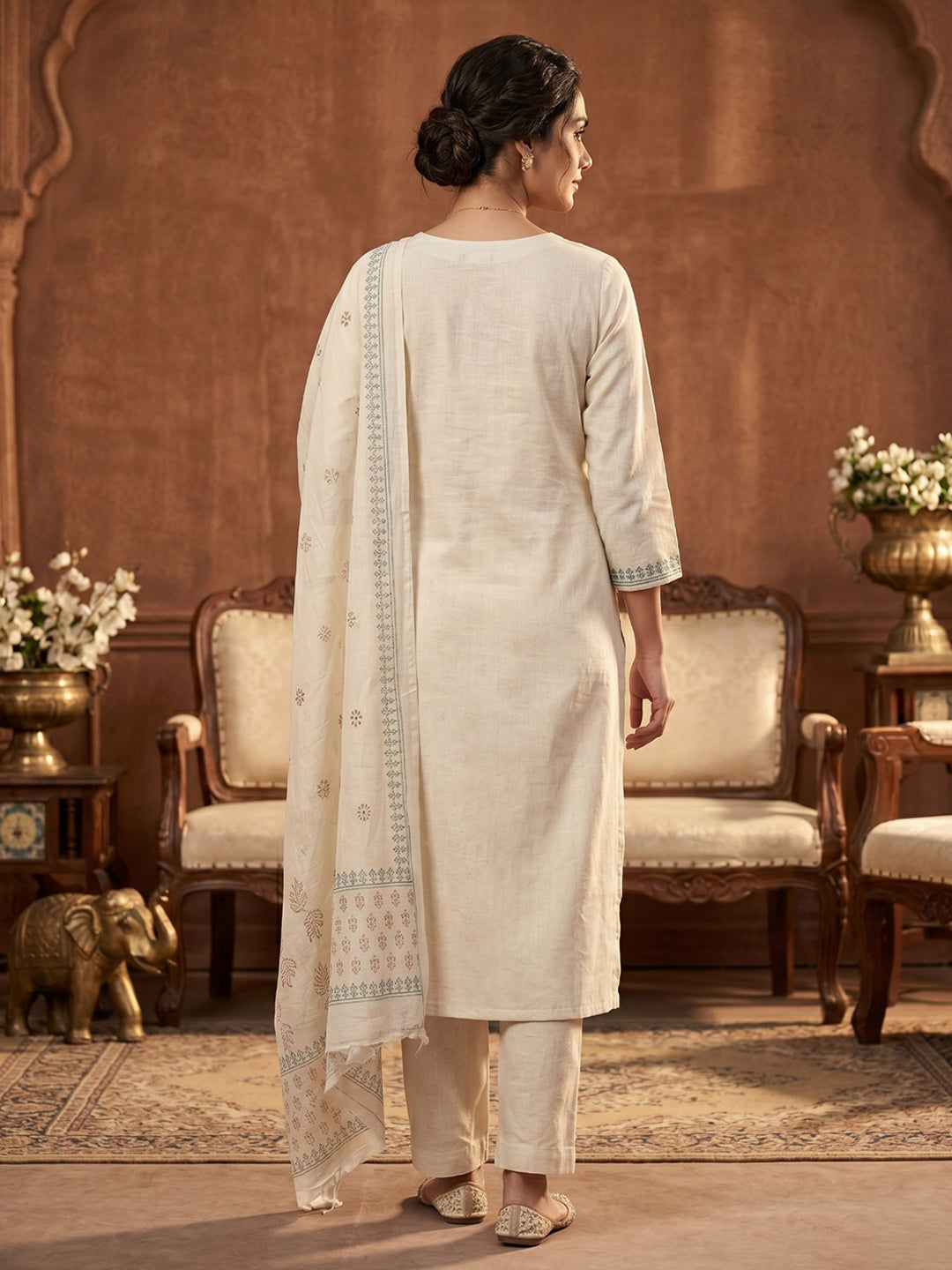 Cream Blue Cotton Blend Embroidered Straight Suit Set