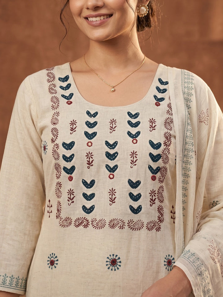 Cream Blue Cotton Blend Embroidered Straight Suit Set