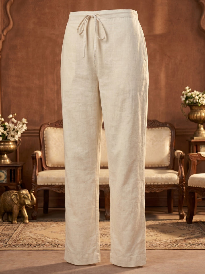 Cream Blue Cotton Blend Embroidered Straight Suit Set