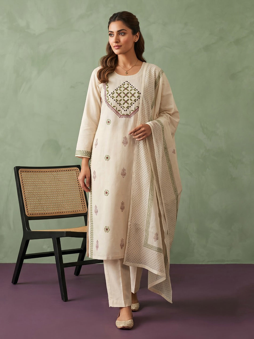 Cream Green Cotton Blend Embroidered Straight Suit Set