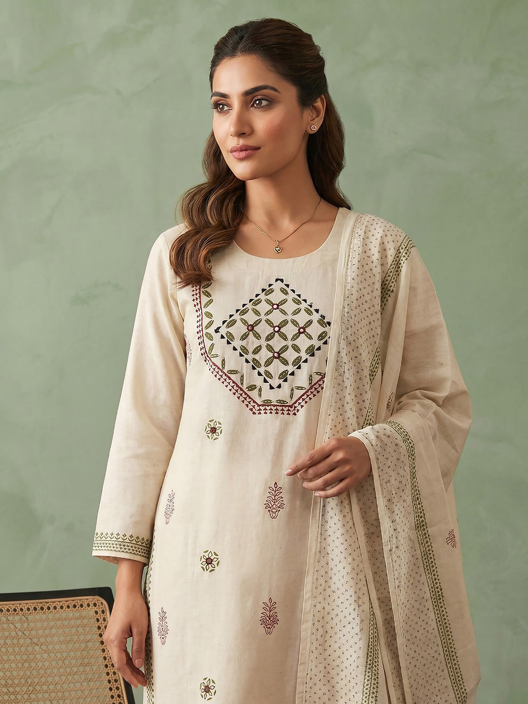 Cream Green Cotton Blend Embroidered Straight Suit Set