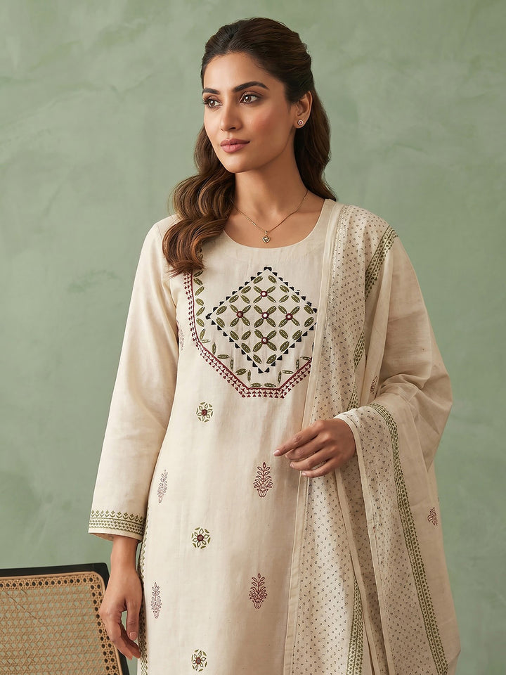 Cream Green Cotton Blend Embroidered Straight Suit Set