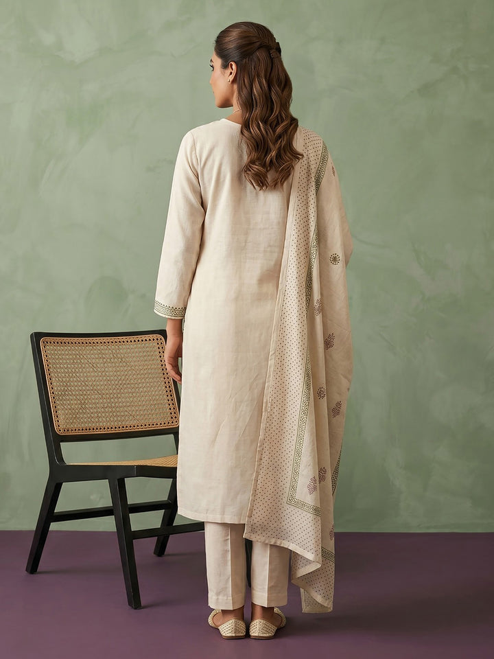 Cream Green Cotton Blend Embroidered Straight Suit Set