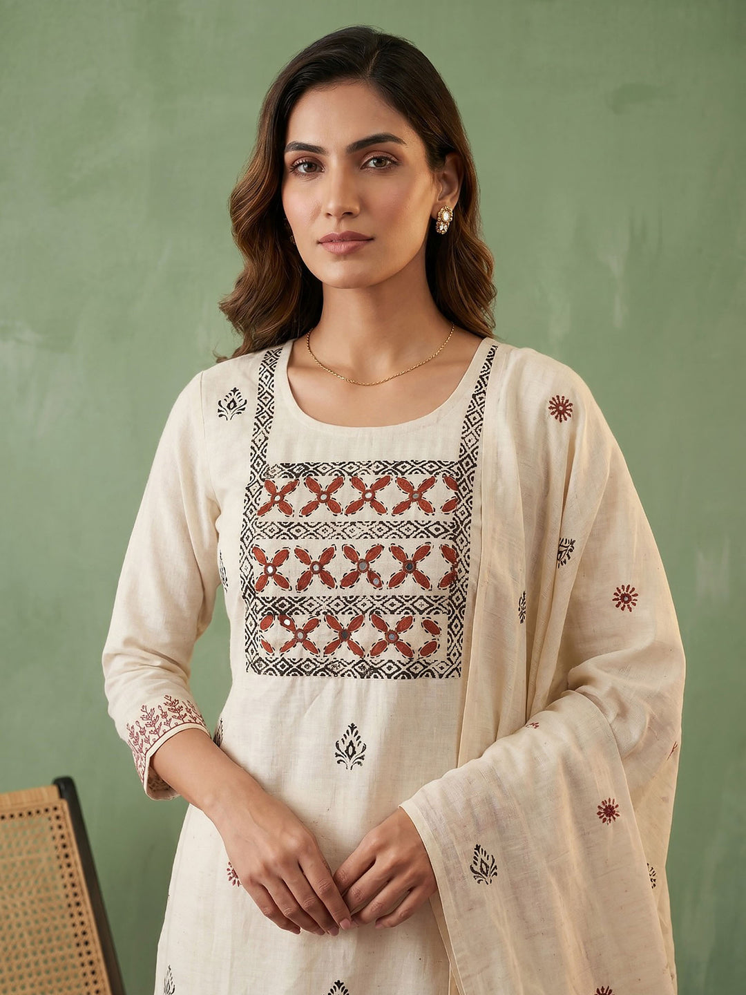Cream Red Cotton Blend Embroidered Straight Suit Set