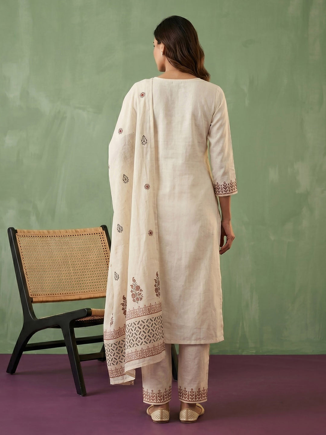 Cream Red Cotton Blend Embroidered Straight Suit Set