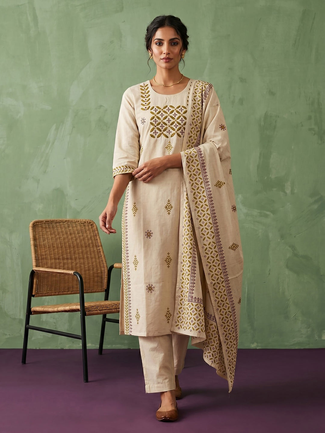 Cream Mustard Cotton Blend Embroidered Straight Suit Set