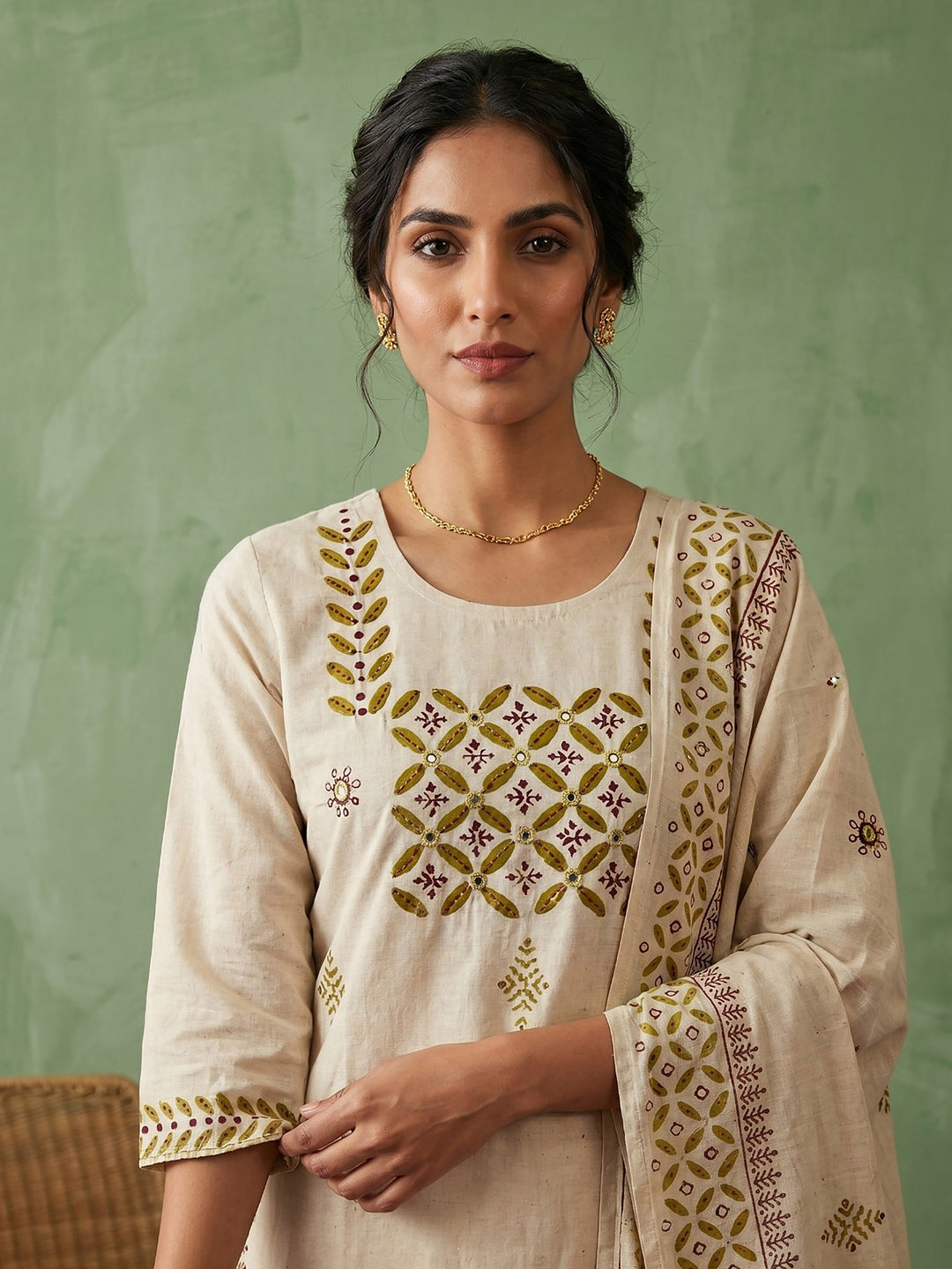 Cream Mustard Cotton Blend Embroidered Straight Suit Set