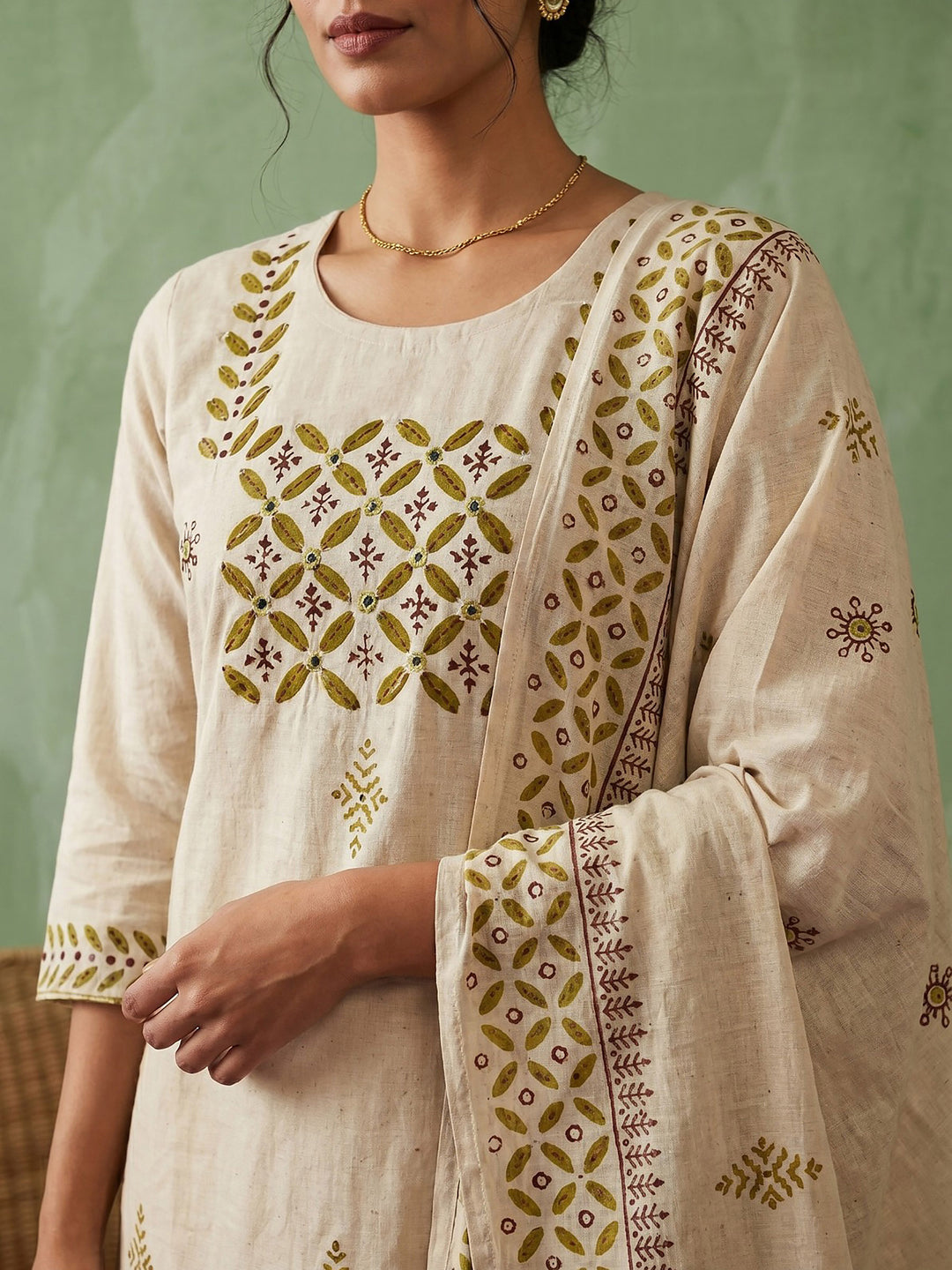 Cream Mustard Cotton Blend Embroidered Straight Suit Set