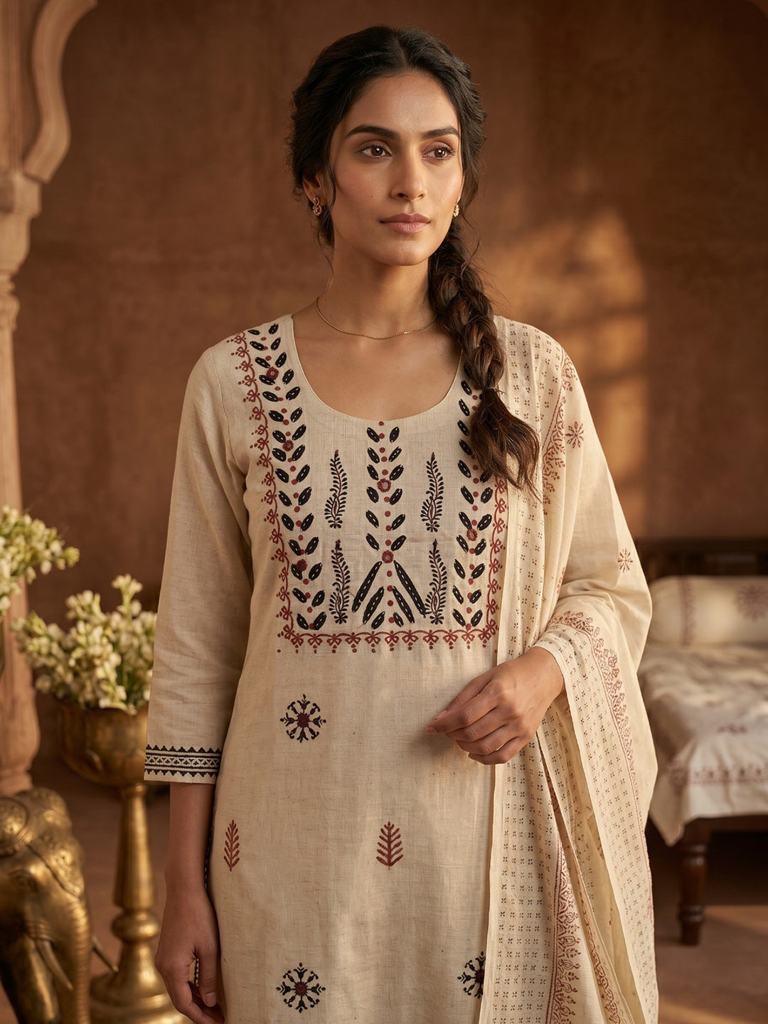 Cream Black Cotton Blend Printed Straight Suit Set