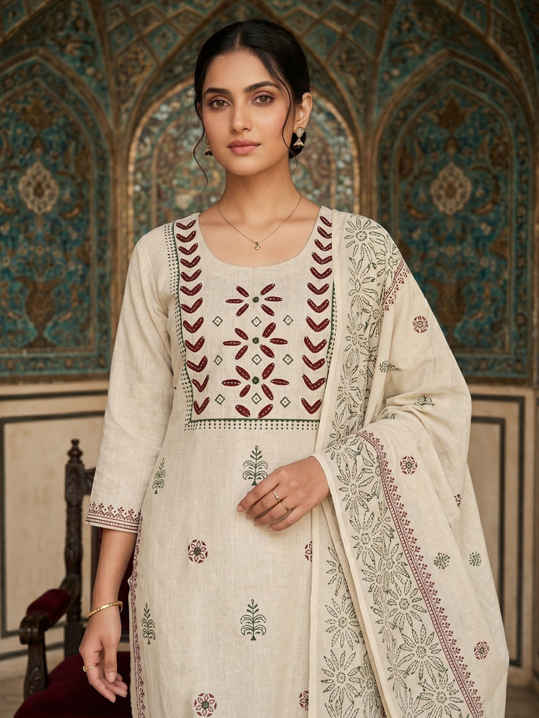 Cream Maroon Cotton Blend Embroidered Straight Suit Set