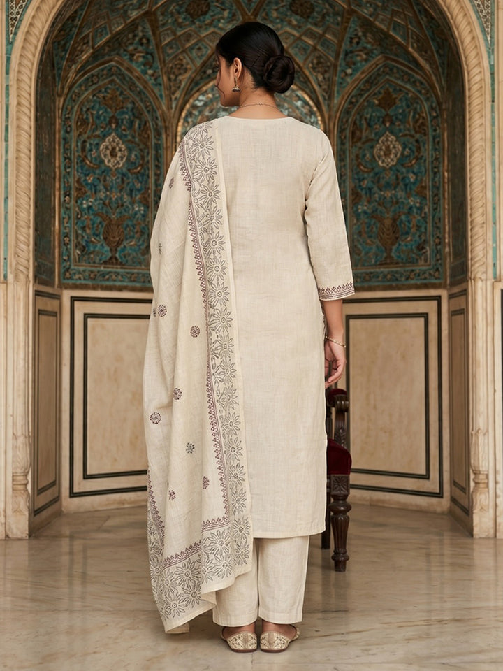 Cream Maroon Cotton Blend Embroidered Straight Suit Set