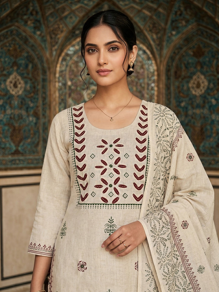 Cream Maroon Cotton Blend Embroidered Straight Suit Set