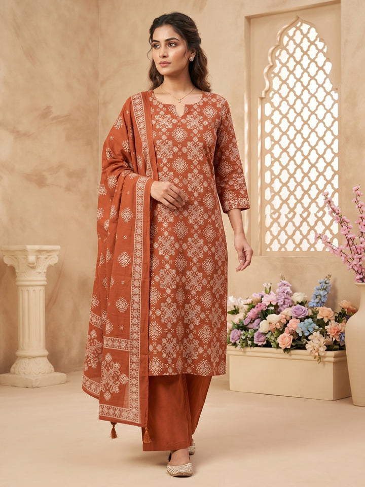 Brown Cotton Blend Printed Straight Suit Set