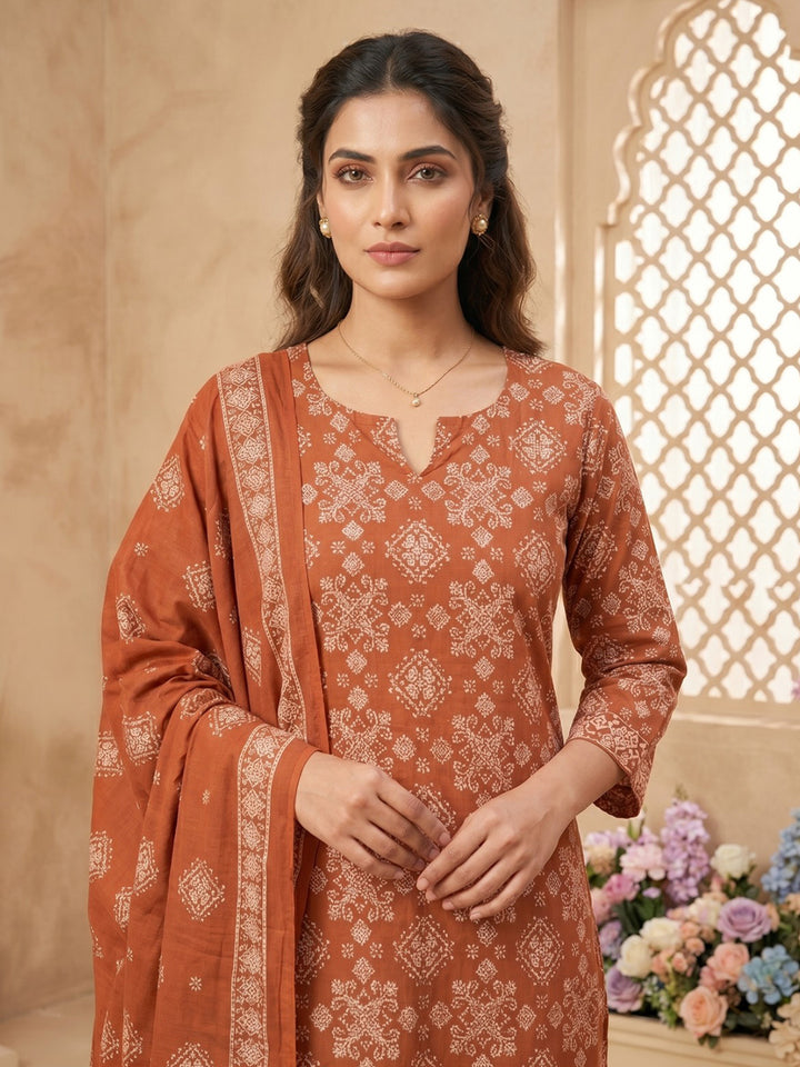 Brown Cotton Blend Printed Straight Suit Set