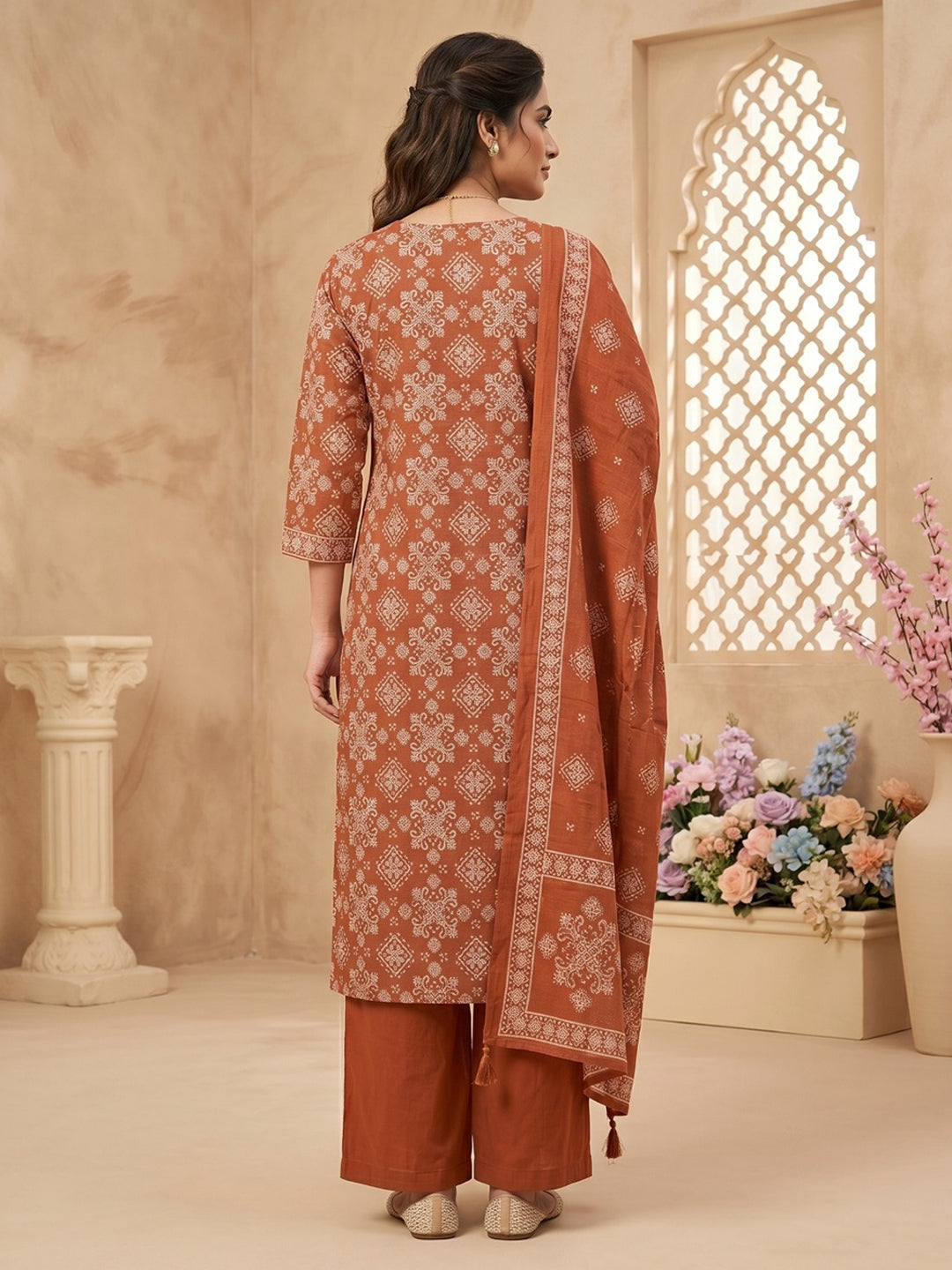 Brown Cotton Blend Printed Straight Suit Set