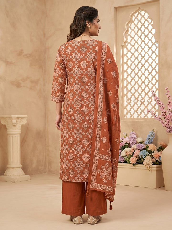 Brown Cotton Blend Printed Straight Suit Set
