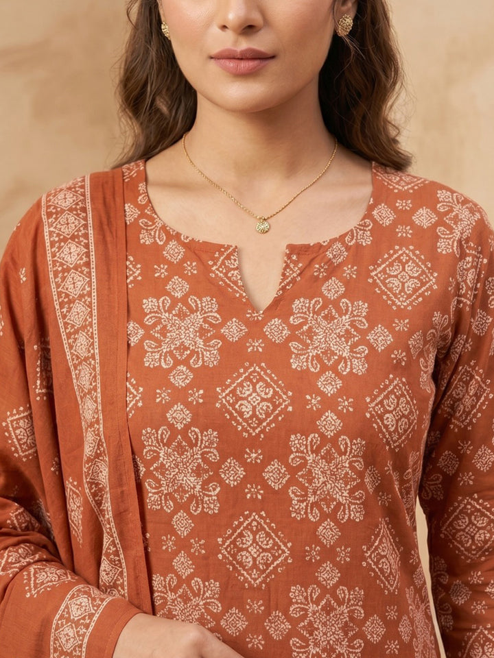 Brown Cotton Blend Printed Straight Suit Set