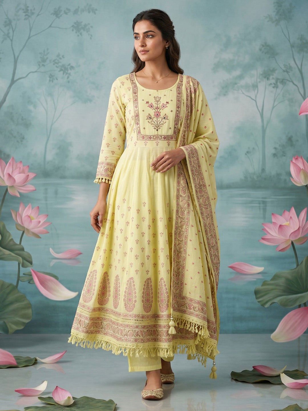 Woven Design Cotton Blend Kurta With Pant &amp; Dupatta