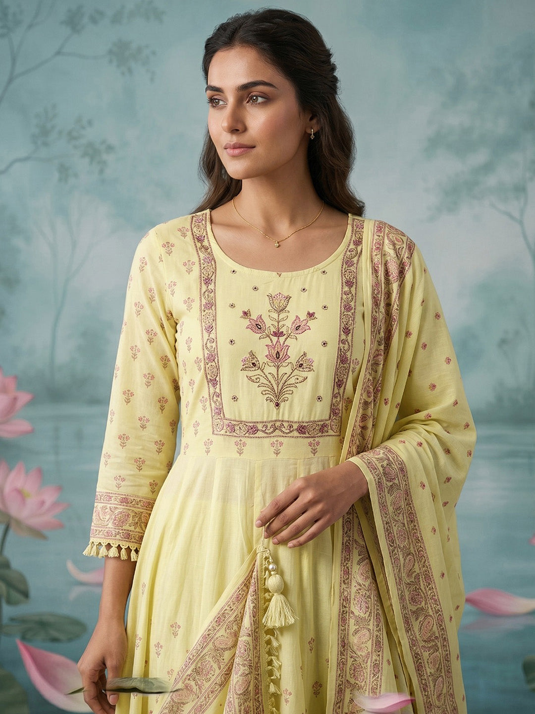 Woven Design Cotton Blend Kurta With Pant &amp; Dupatta