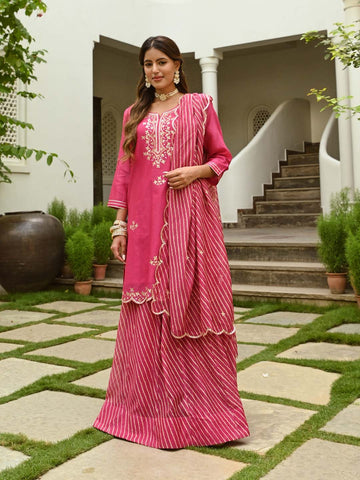 Gota Embroidered Chanderi Kurta With Skirt & Dupatta