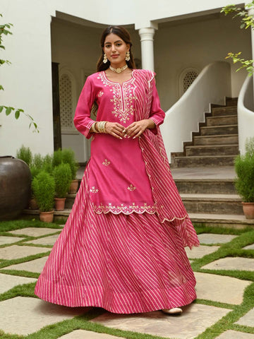 Gota Embroidered Chanderi Kurta With Skirt & Dupatta