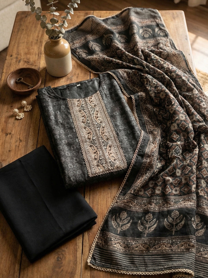 Printed Chanderi Unstitched Suit With Pant &amp; Dupatta