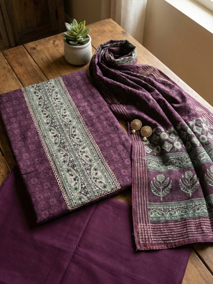 Printed Chanderi Unstitched Suit With Pant &amp; Dupatta