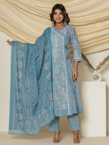 Floral Printed Cotton Kurta With Pants & Dupatta