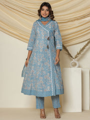 Floral Printed Cotton Kurta With Pants & Dupatta