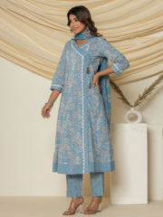 Floral Printed Cotton Kurta With Pants & Dupatta