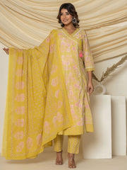 Floral Printed Cotton Kurta With Pants & Dupatta