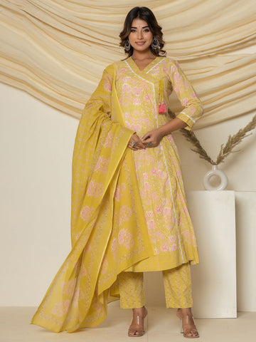 Floral Printed Cotton Kurta With Pants & Dupatta