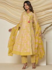 Floral Printed Cotton Kurta With Pants & Dupatta