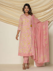 Floral Printed Cotton Kurta With Pants & Dupatta