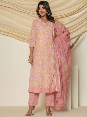 Floral Printed Cotton Kurta With Pants & Dupatta