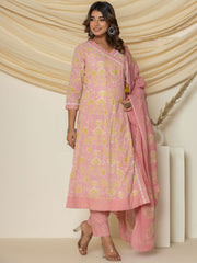 Floral Printed Cotton Kurta With Pants & Dupatta