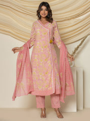 Floral Printed Cotton Kurta With Pants & Dupatta