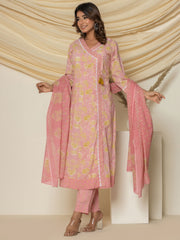 Floral Printed Cotton Kurta With Pants & Dupatta