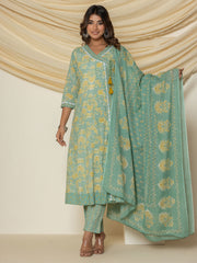 Floral Printed Cotton Kurta With Pants & Dupatta