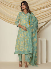 Floral Printed Cotton Kurta With Pants & Dupatta