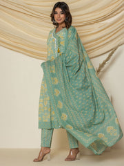 Floral Printed Cotton Kurta With Pants & Dupatta